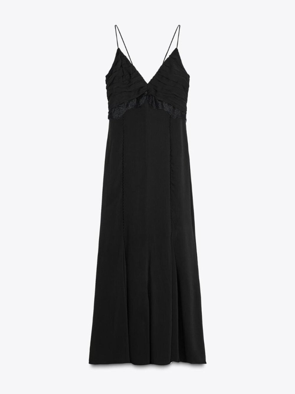 New Zara Lingerie-Style Spaghetti Straps V-Neck Lace Detail Black Midi Dress XS - Picture 6 of 7